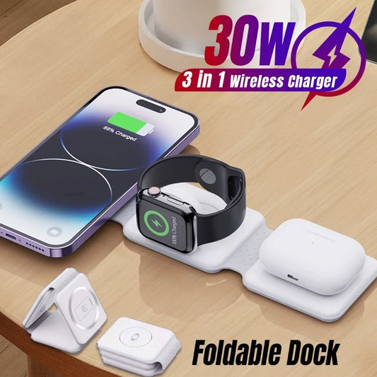 30W Foldable 3-in-1 Wireless Charger – For iPhone, iWatch & AirPods